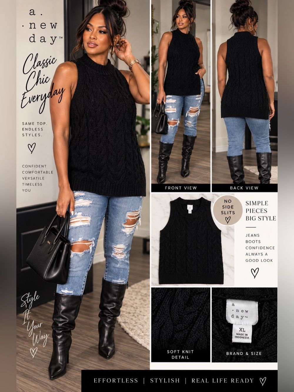 a new day Black Cable Knit Sleeveless Sweater size XL